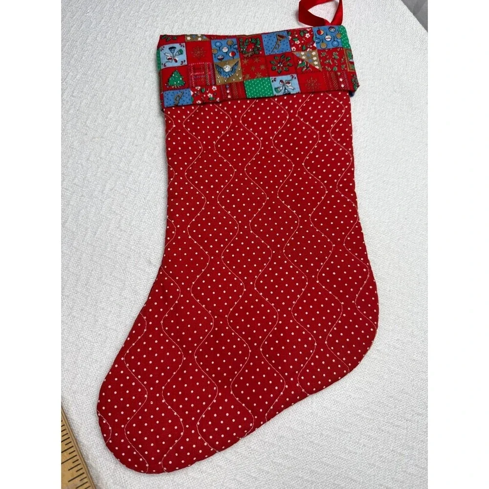 Vintage Handmade Christmas Stocking Red Polka Dot Bear Santa Hat Gift Appliqué‎
